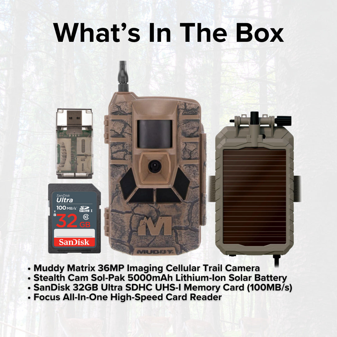 Muddy Matrix 36MP Imaging Cellular Trail Camera with Solar Battery and Memory Card Bundle