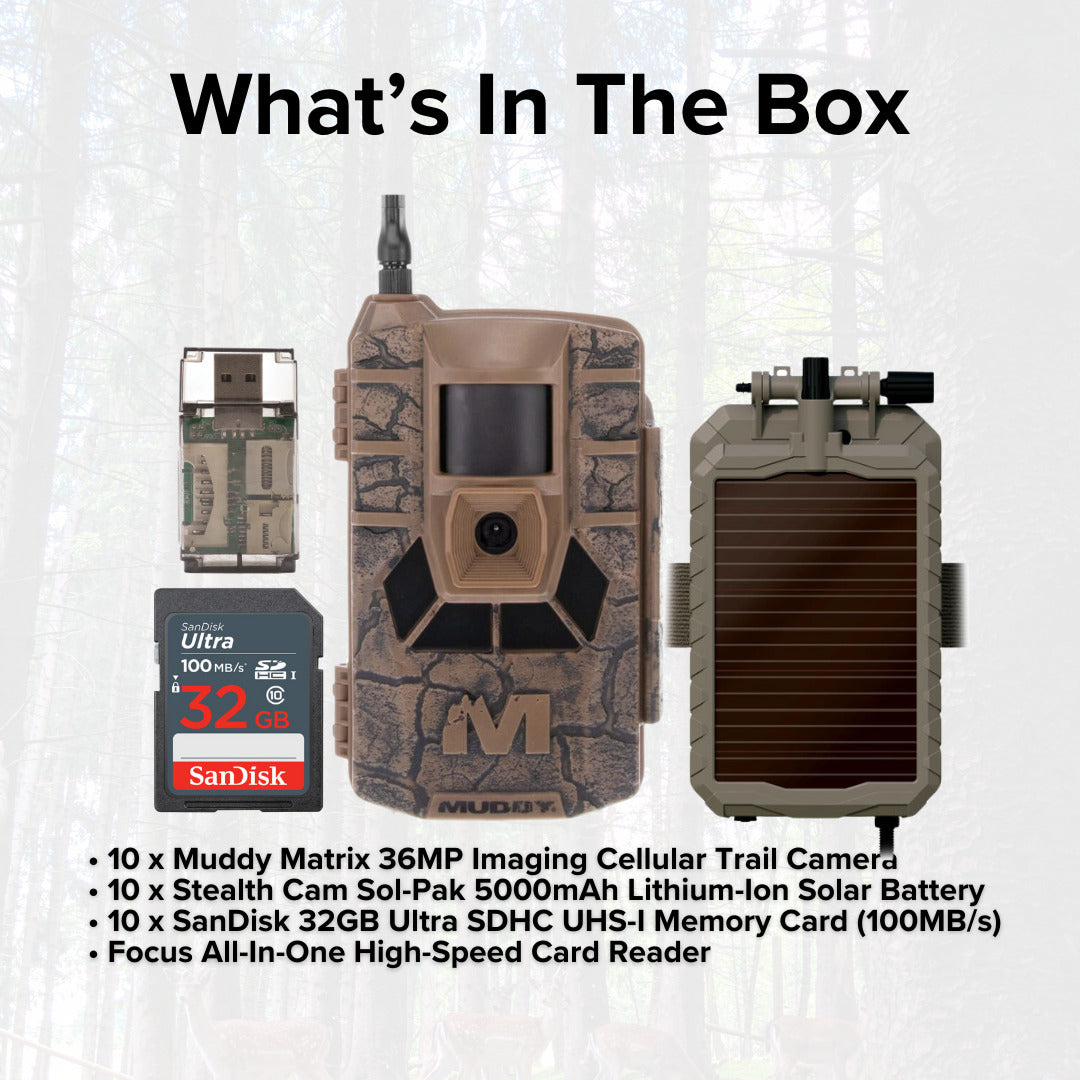 Muddy Matrix 36MP Imaging Cellular Trail Camera (10-Pack) with Solar Battery (10-Pack) Bundle