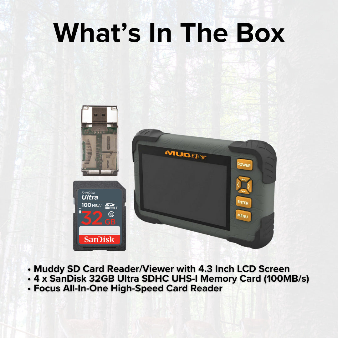 Muddy SD Card Reader or Viewer with 4.3 Inch LCD Screen with 32GB UHS-I Memory Card (4-Pack) Bundle