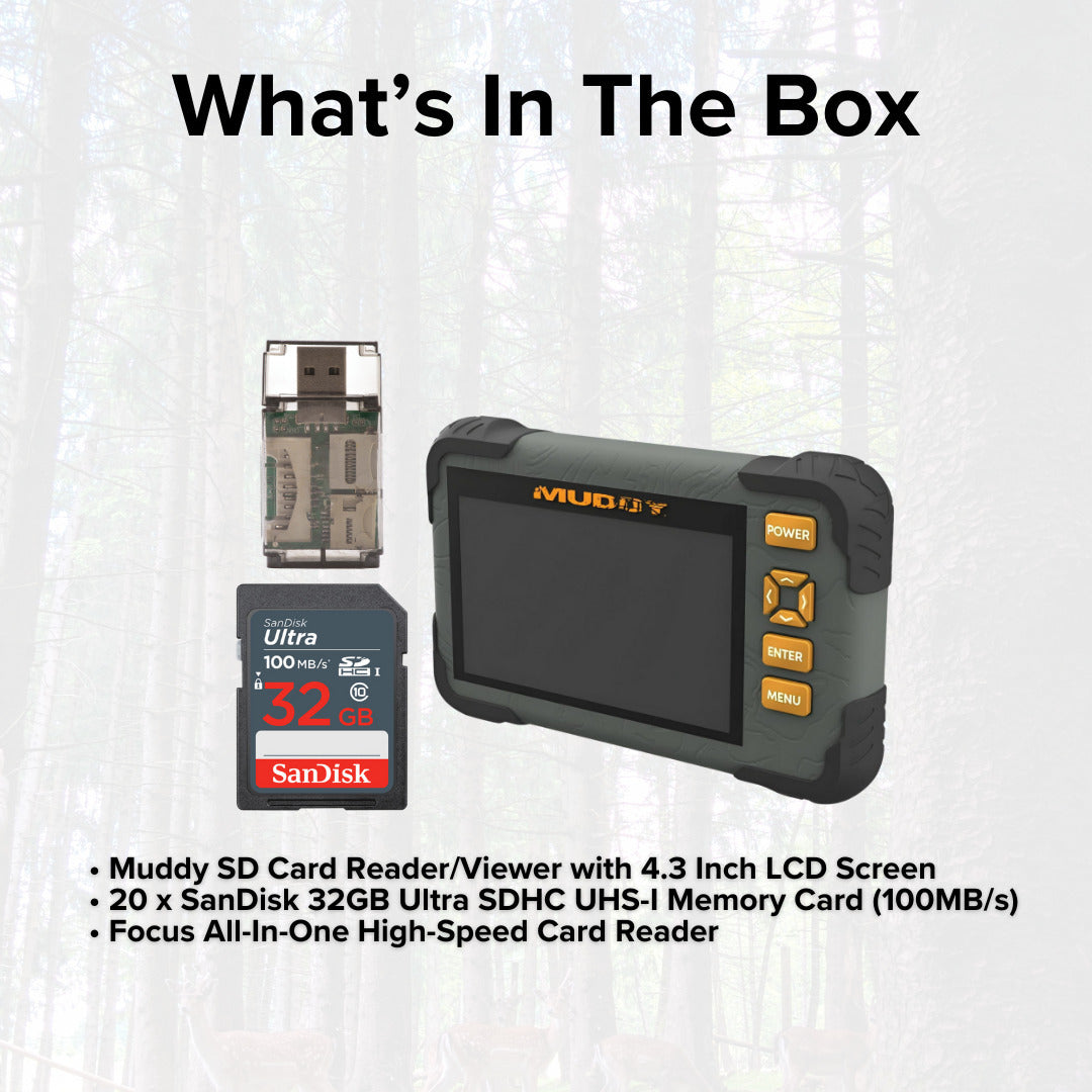 Muddy SD Card Reader or Viewer with 4.3 Inch LCD Screen with 32GB UHS-I Memory Card (20-Pack) Bundle