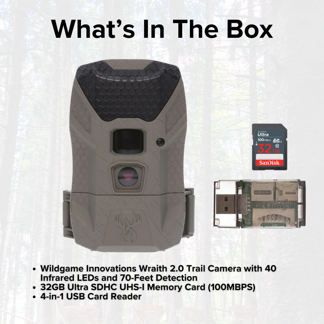 Wildgame Innovations Wraith 2.0 Trail Camera with 32GB Ultra SDHC Memory Card and Card Reader Bundle
