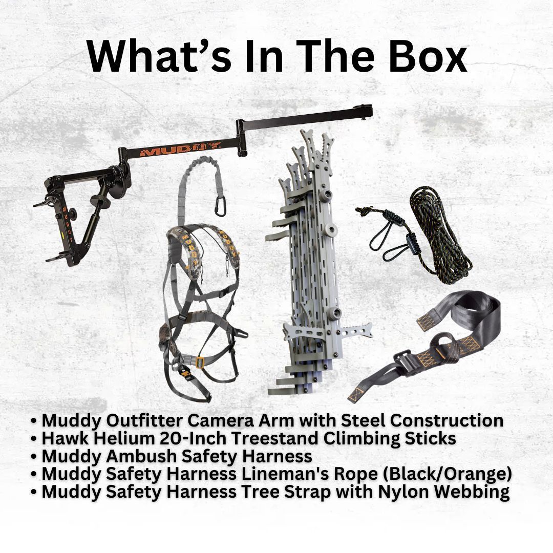 Muddy Outfitter Camera Arm with 20-Inch Aluminum Treestand Climbing Sticks and Harness Bundle