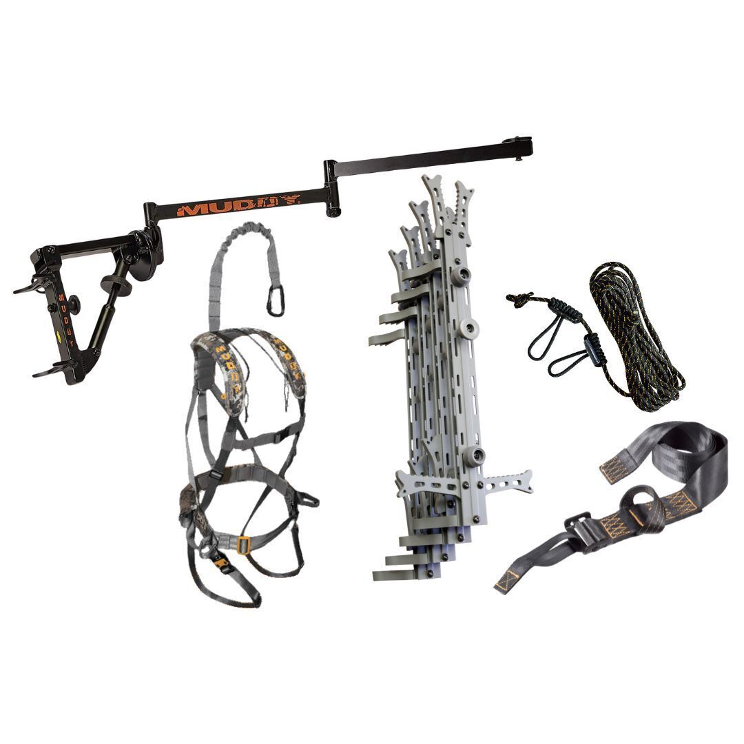 Muddy Outfitter Camera Arm with 20-Inch Aluminum Treestand Climbing Sticks and Harness Bundle