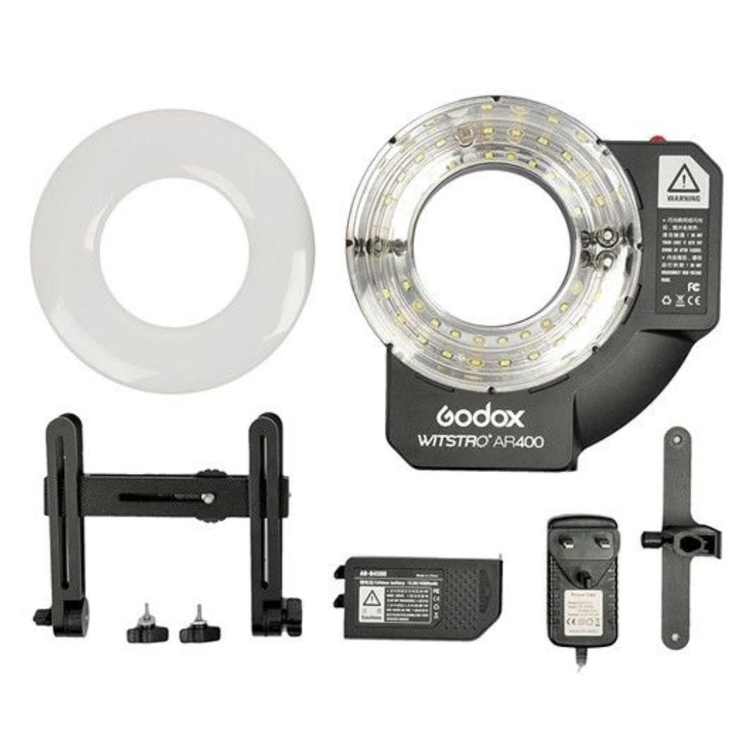 Godox Wistro AR400 Ring Flash with Li-Ion Battery Unibody Design and Shadow-Free Lighting (Black)