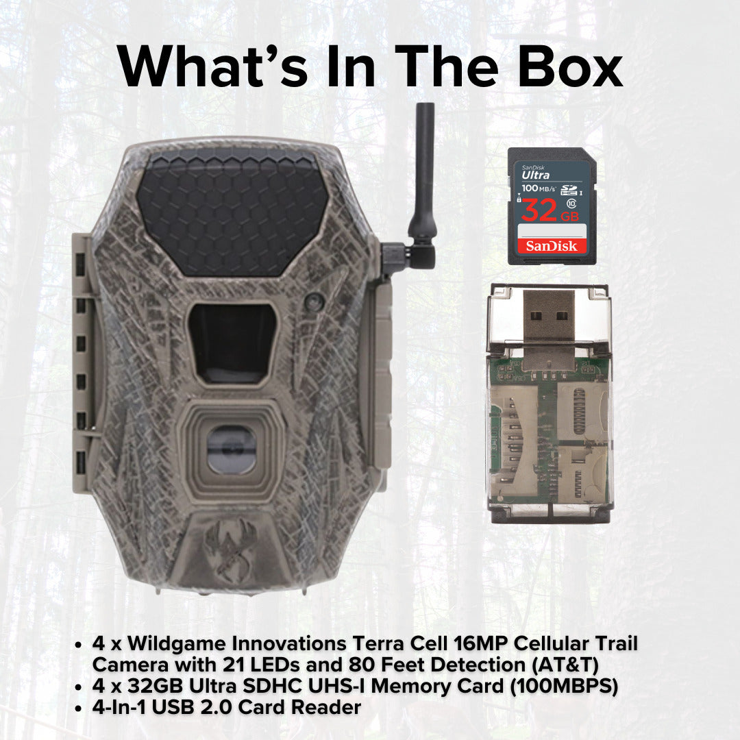 Wildgame Innovations Terra Cell 16MP Cellular Trail Camera (4-Pack) with 4 x 32GB Memory Card Bundle