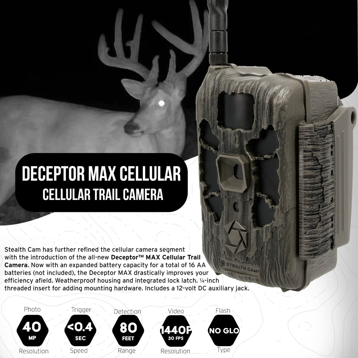 Stealth Cam 40MP Deceptor Max Cellular Trail Camera (4-Pack) with Solar Battery Pack Bundle