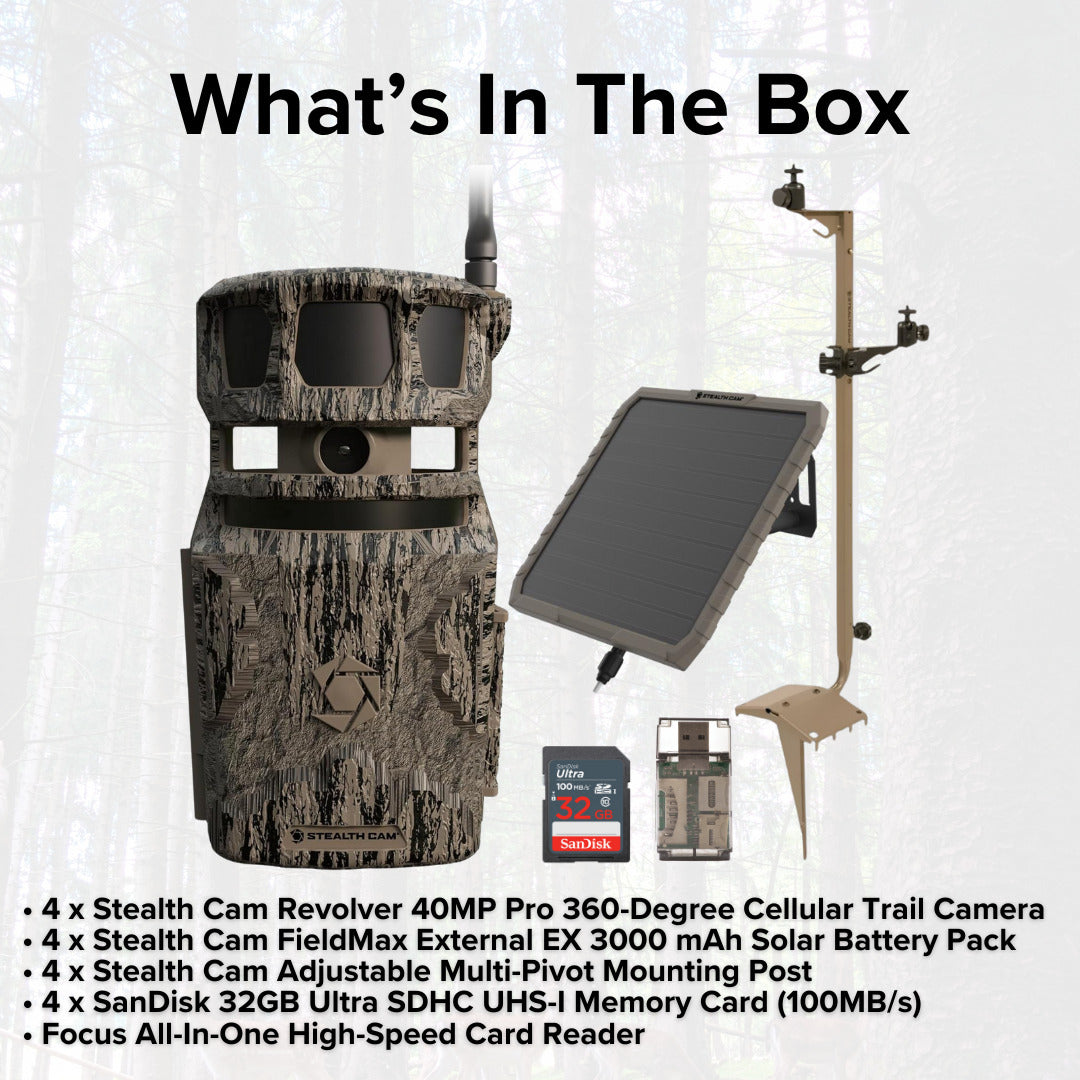 Stealth Cam Revolver 40MP Pro Cellular Trail Camera (4-Pack) with Mounting Post (4-Pack) Bundle