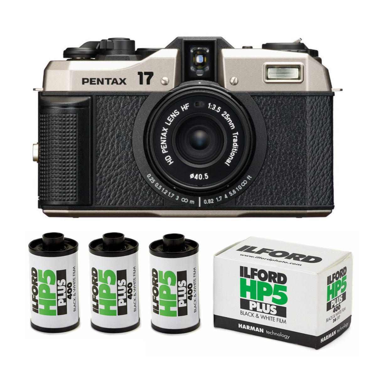 Pentax 17 F3.5 Dark Silver Camera with HP5 Plus Black-White 36 Exp Roll Film (3-Pack) Bundle