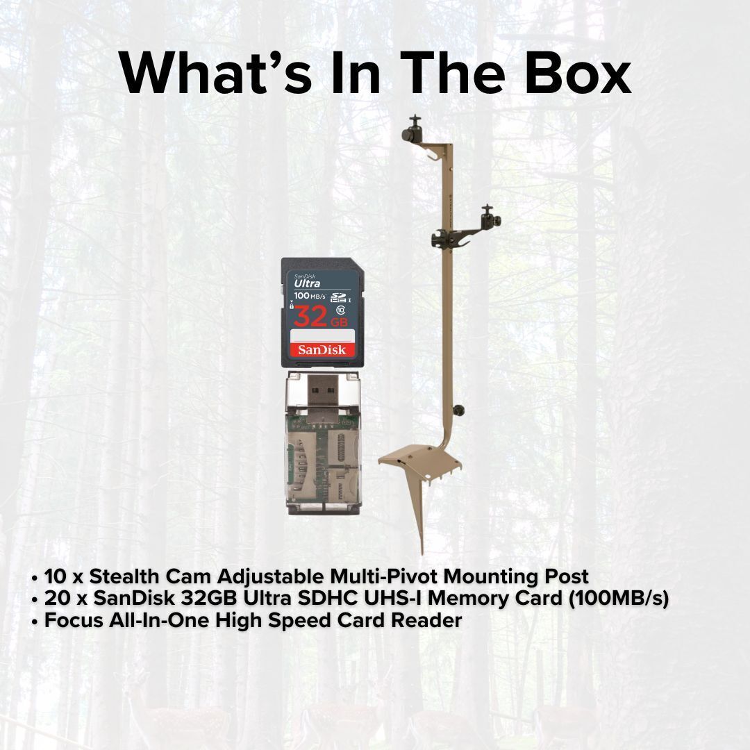 Stealth Cam Adjustable Multi-Pivot Mounting Post (10-Pack) with 32GB Memory Card (20-Pack) Bundle