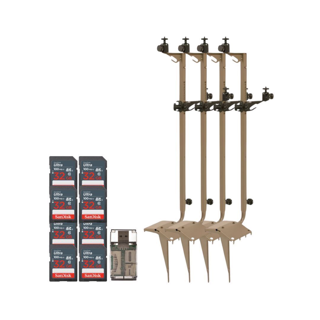 Stealth Cam Adjustable Multi-Pivot Mounting Post (4-Pack) with 32GB Memory Card (8-Pack) Bundle