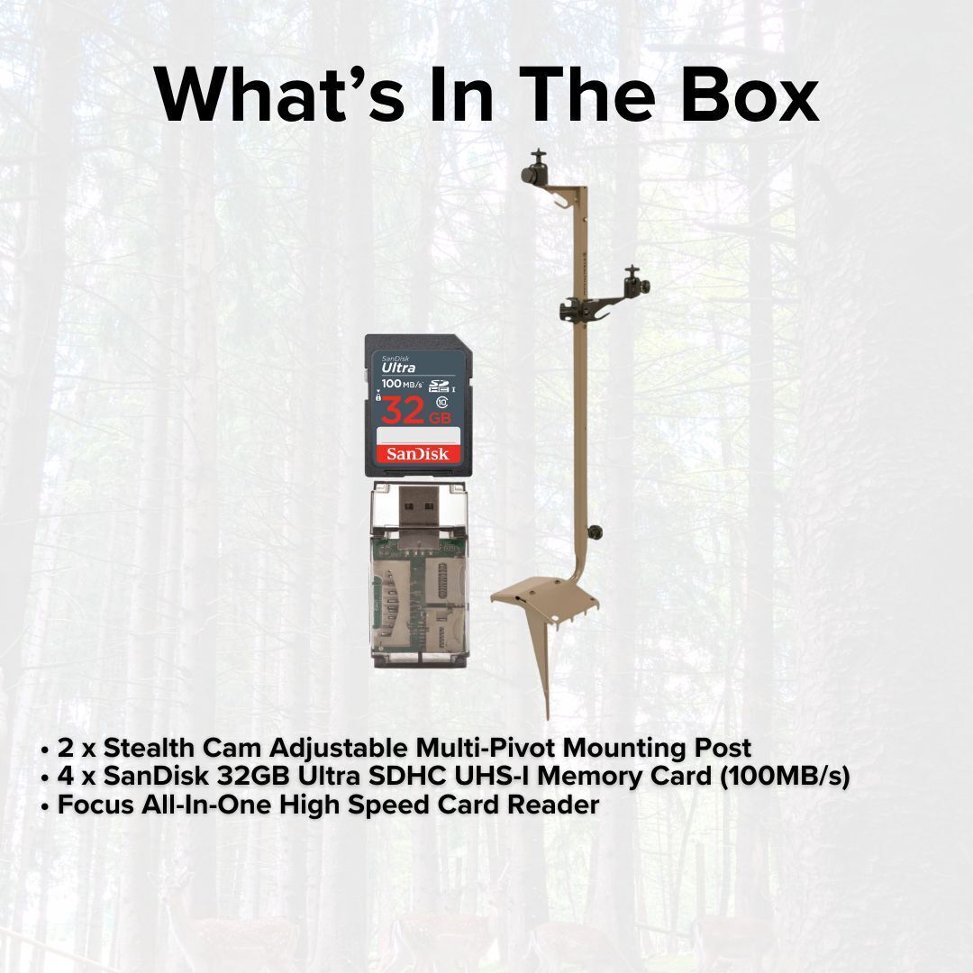 Stealth Cam Adjustable Multi-Pivot Mounting Post (2-Pack) with 32GB Memory Card (4-Pack) Bundle