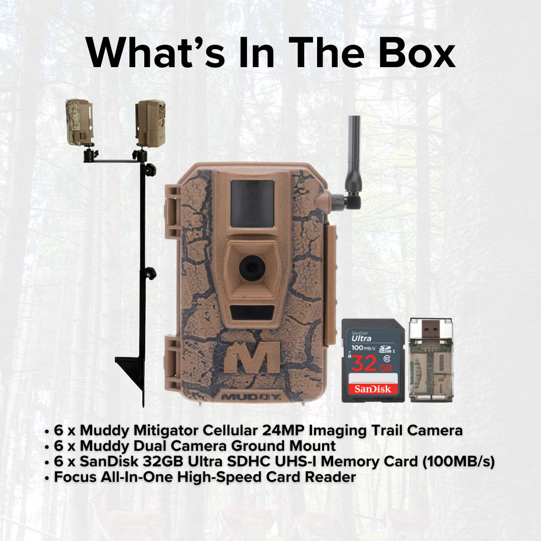 Muddy Mitigator Cellular 24MP Imaging Trail Camera (6-Pack) with SD Card Reader Bundle