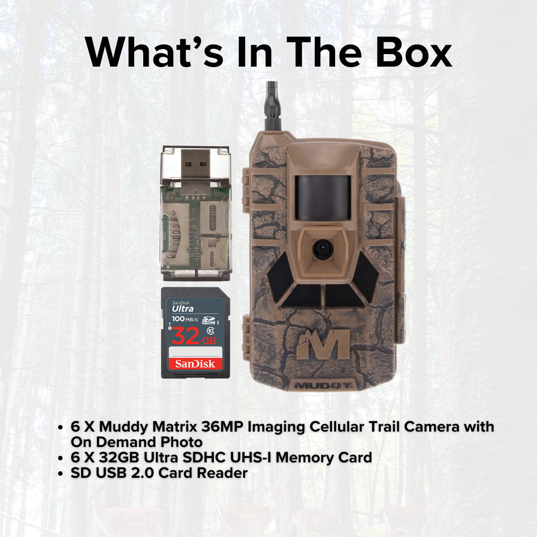 Muddy Matrix 36MP Imaging Cellular Trail Camera with On Demand Photo (Mud, 6-Pack) Bundle