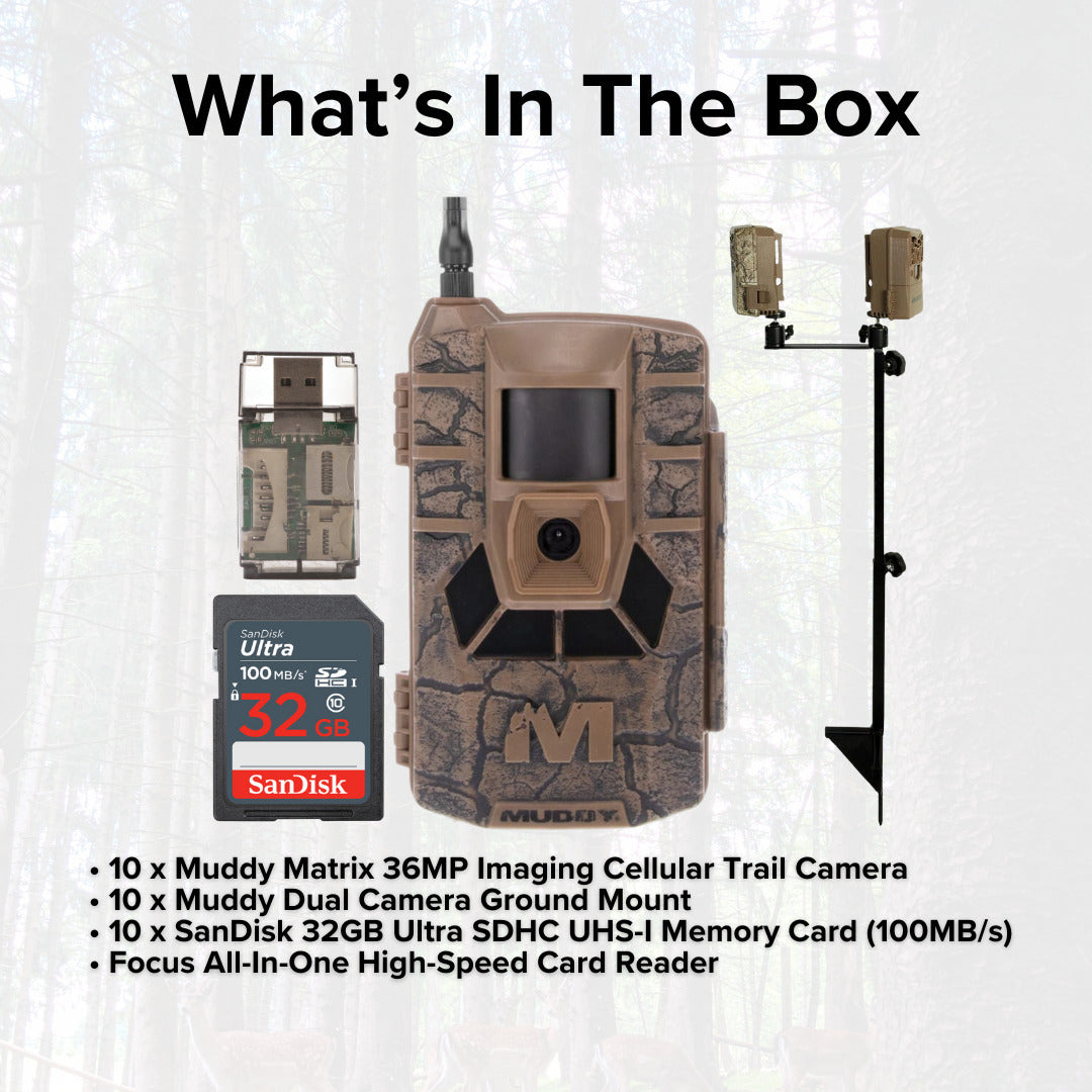 Muddy Matrix 36MP Imaging Cellular Dual Network Trail Camera with On Demand Photo (10-Pack) Bundle