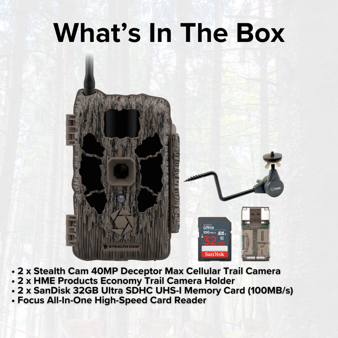 Stealth Cam 40MP Deceptor Max Cellular Trail Camera (2-Pack) with 2 x Trail Camera Holder Bundle