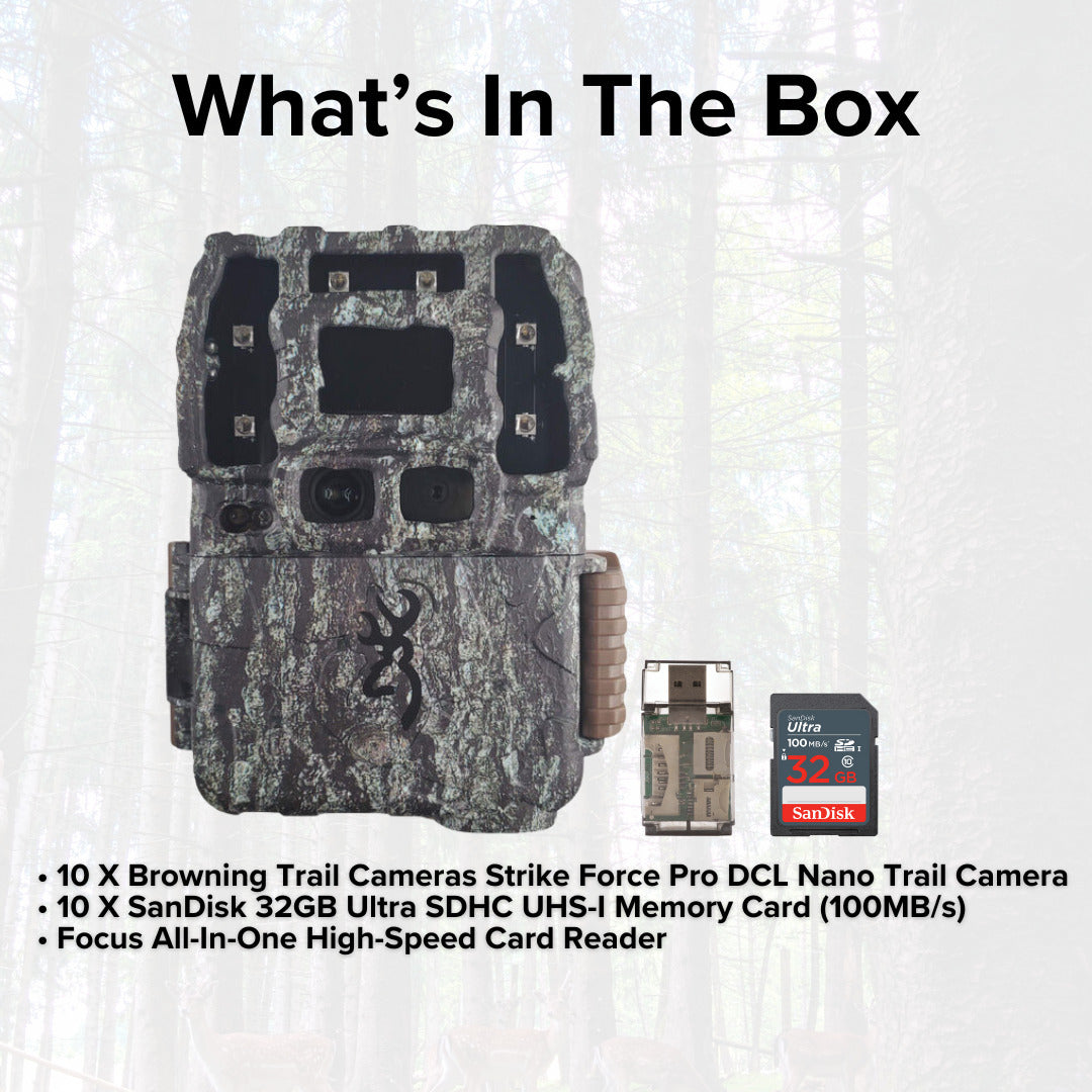 Browning Trail Cameras Strike Force Pro DCL Nano 26MP Trail Camera (10-Pack) with Card Reader Bundle