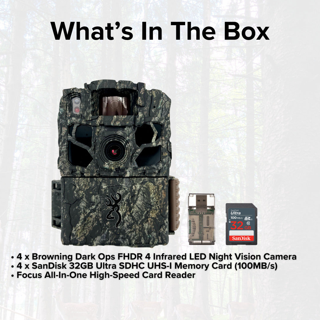 Browning Trail Cameras Dark Ops FHDR 26MP Night Vision Camera (4-Pack) with 4 x Memory Card Bundle