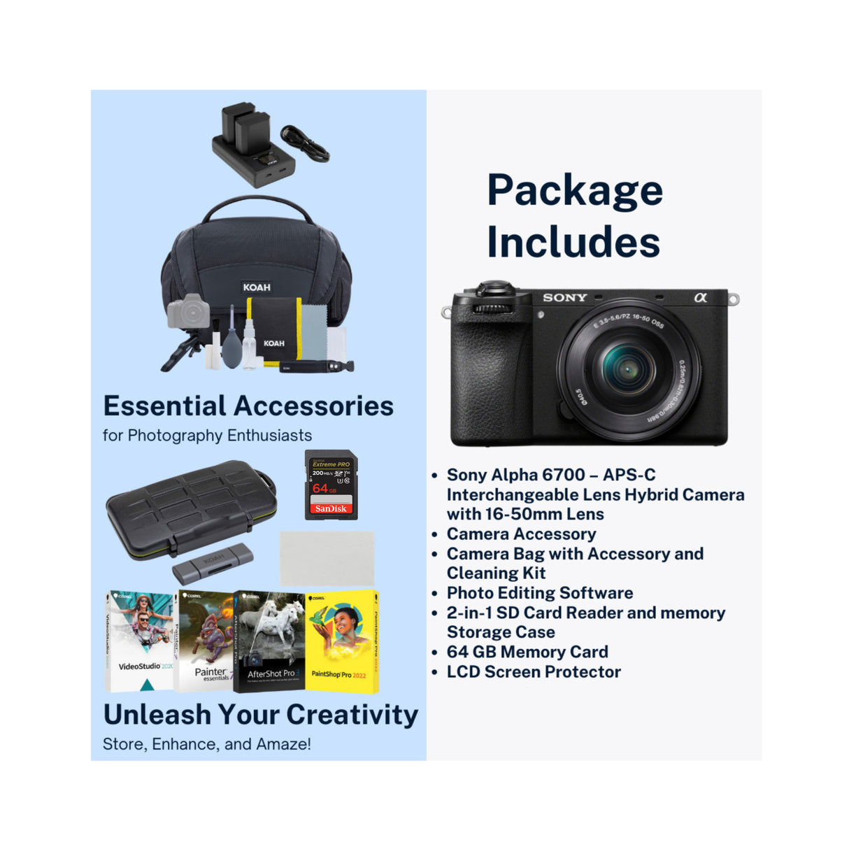 Sony Alpha 6700 APS-C Mirrorless Camera with 16-50mm lens with Mug, Photo Editing Software Bundle