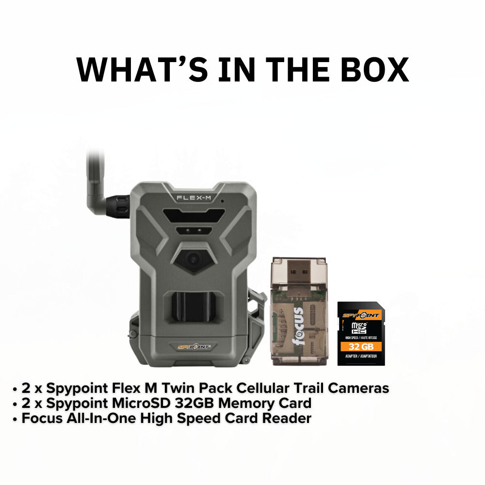 Spypoint Flex M Twin Pack 28MP Cellular Trail Cameras with 2 x 32GB Memory Card and Reader Bundle