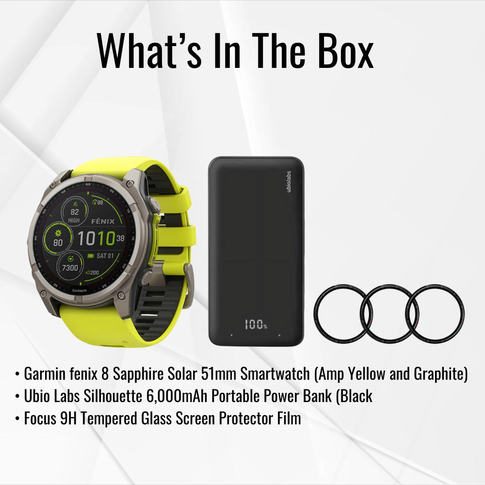 Garmin Fenix 8 Sapphire Solar 51mm Smartwatch (Amp Yellow and Graphite) with Power Bank Bundle