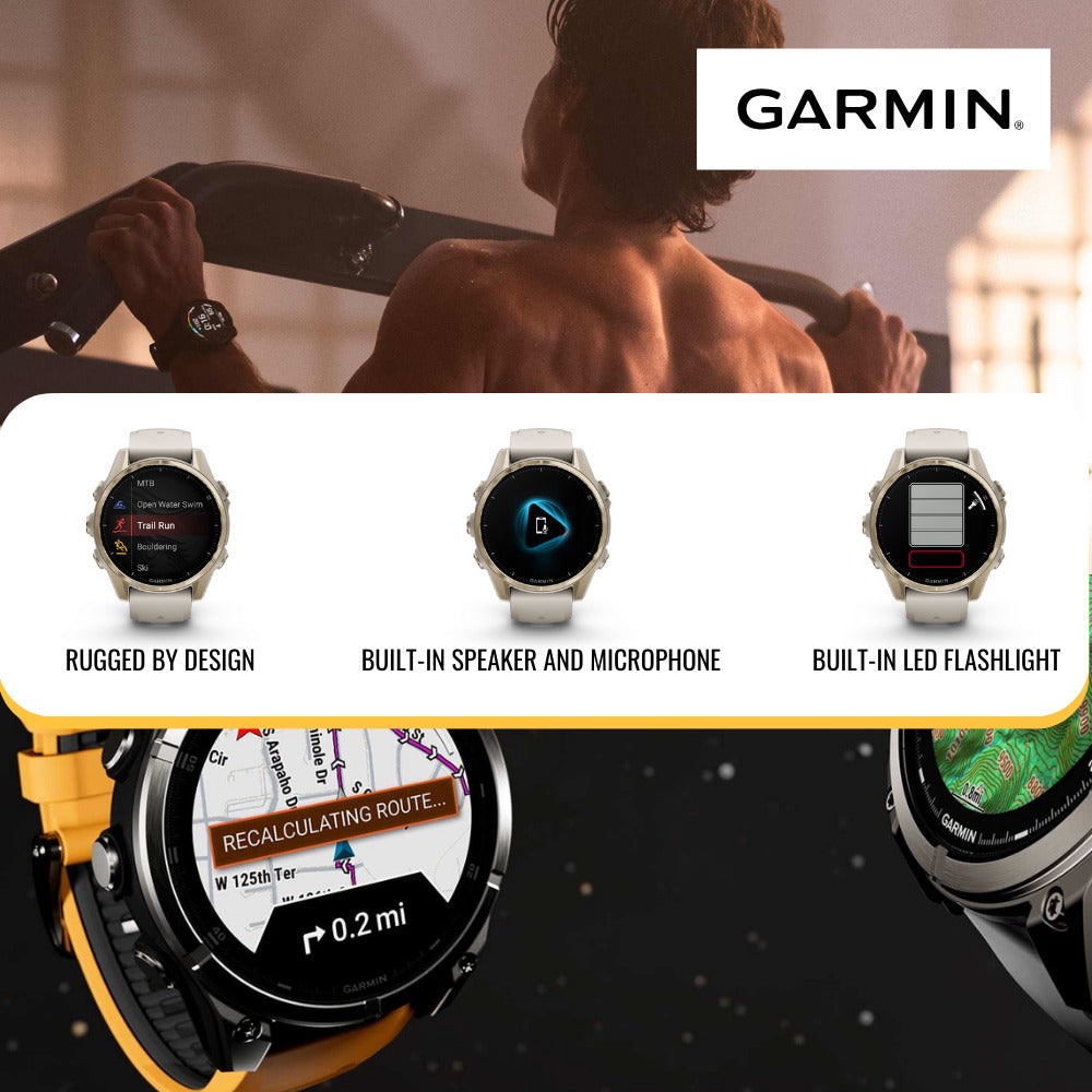 Garmin Fenix 8 43mm AMOLED GPS Smartwatch (Silver and Whitestone) with Portable Charger Stand Bundle