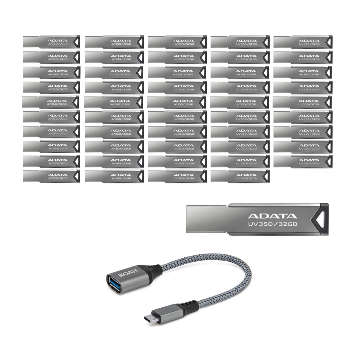 Adata UV350 32GB USB 3.2 Gen 1 Capless Metal Flash Drive (50-Pack) with USB-C Adapter