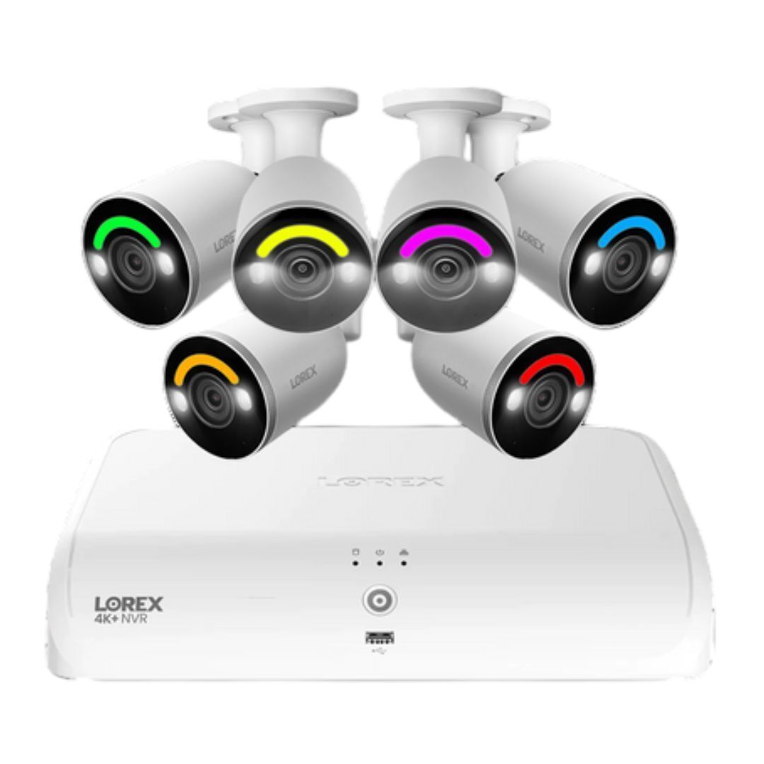 Lorex 4K Fusion 2TB Wired NVR System with Six 4K IP Bullet Smart Security Lighting Cameras (White)