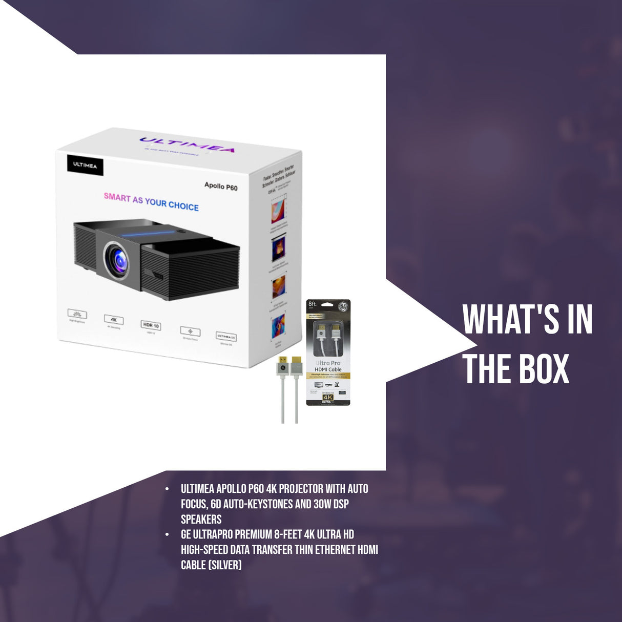 ULTIMEA Apollo P60 4K Projector with Auto Focus, 6D Auto-Keystones, and 30W DSP Speakers Bundle