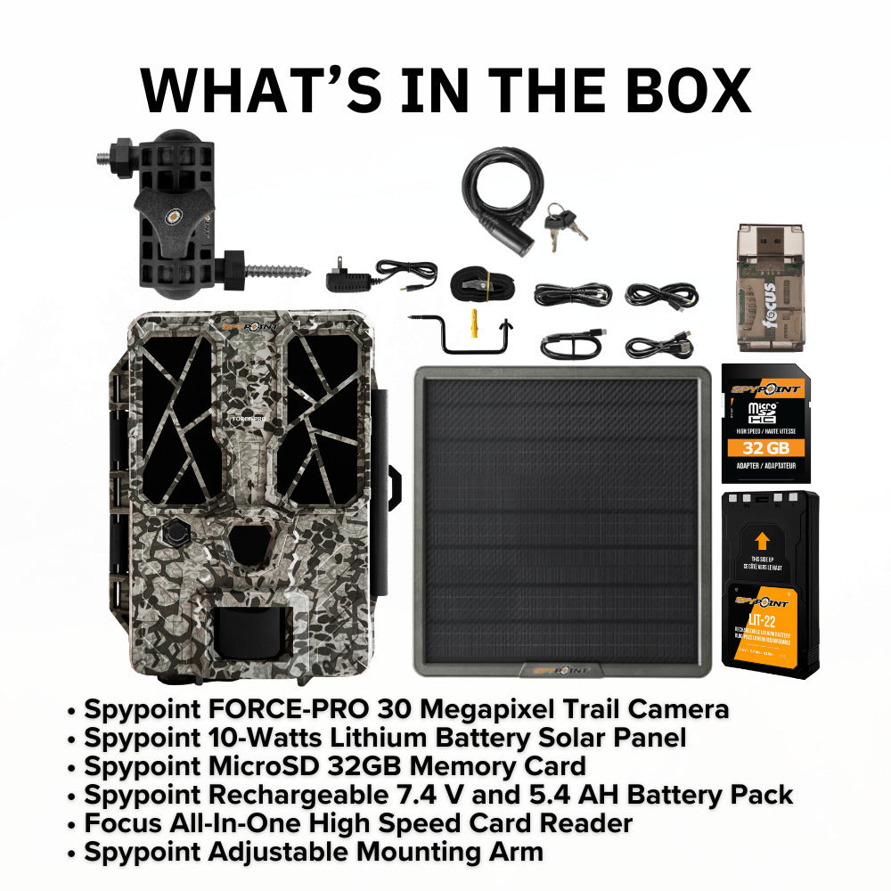 Spypoint FORCE-PRO 30 Megapixel Trail Camera with Lithium Battery Solar Panel Bundle