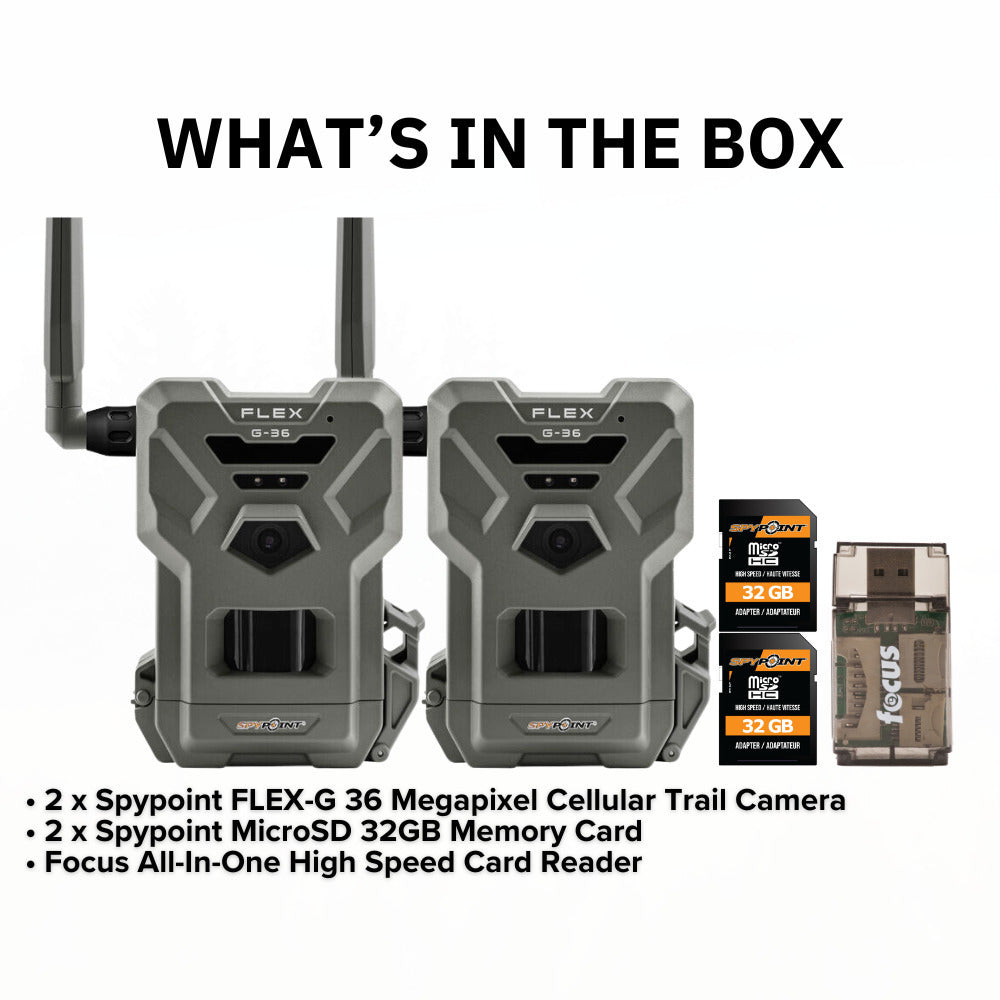 Spypoint FLEX-G 36MP Cellular Trail Camera (2-Pack) and Spypoint 32GB Memory Card (2-Pack) Bundle
