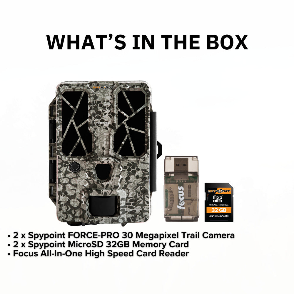 Spypoint FORCE-PRO 30 Megapixel Trail Camera (2-Pack) with 32GB Memory Card (2-Pack) Bundle