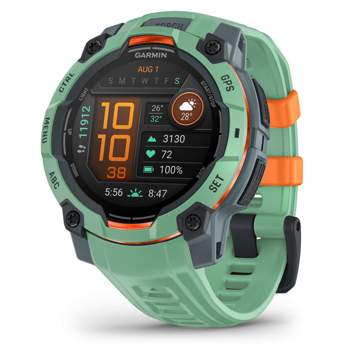 Green Garmin smartwatch with orange accents on a white background