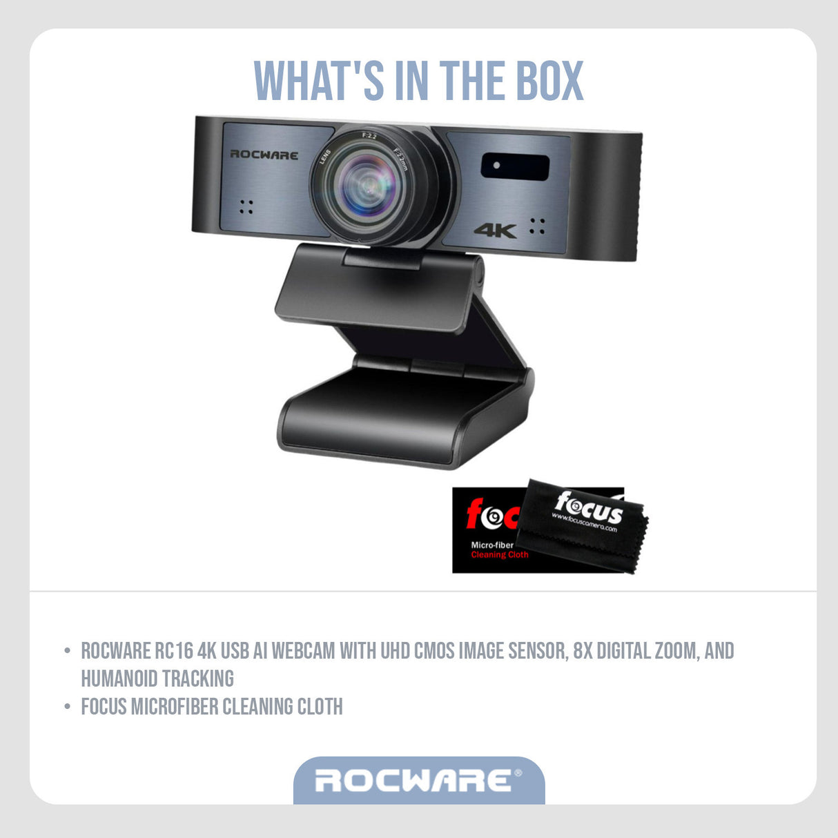 Rocware RC16 4K USB AI Webcam with UHD CMOS Image Sensor and Focus Microfiber Cleaning Cloth Bundle
