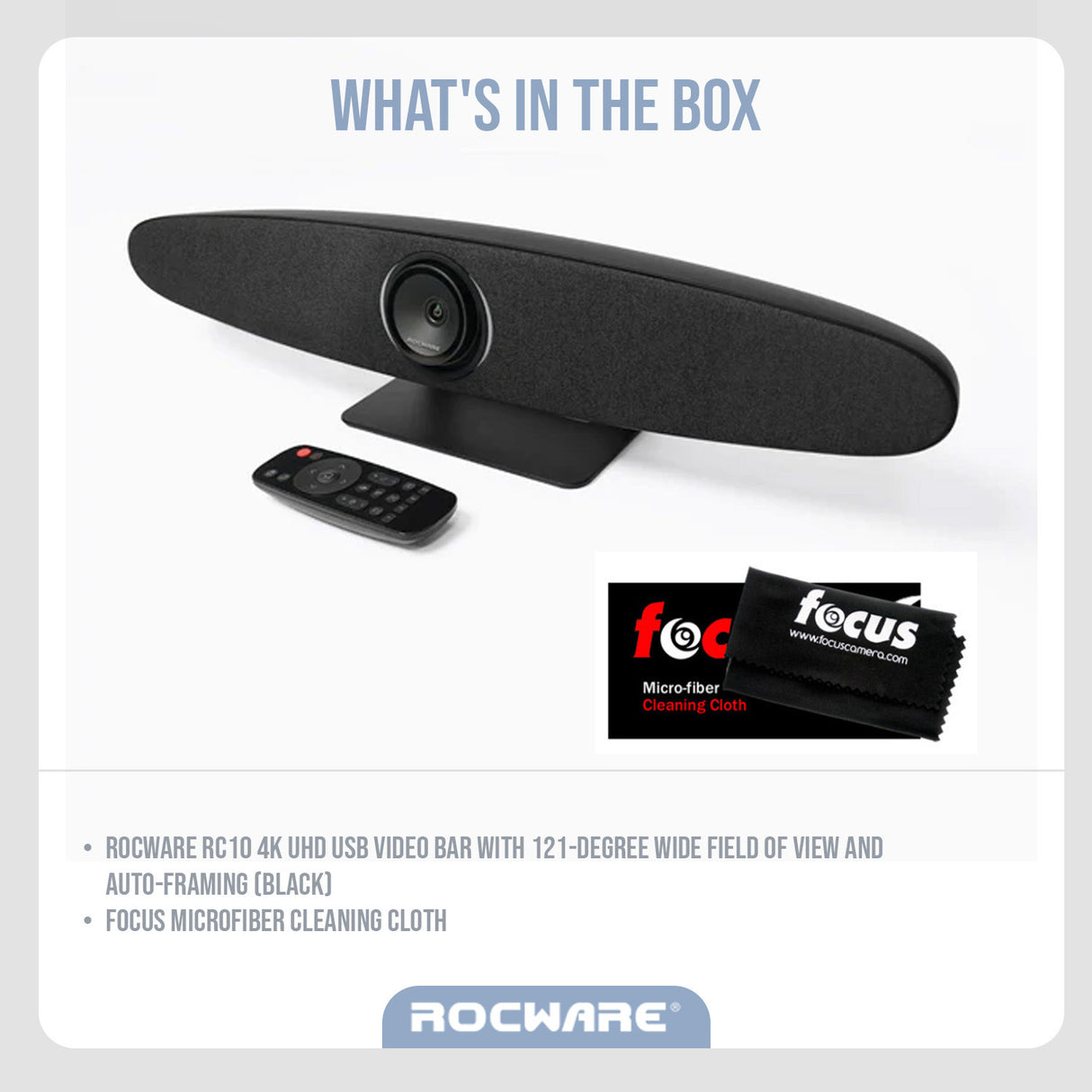 Rocware RC10 4K UHD USB Black Video Bar with 121-Degree Wide FOV and Focus Cleaning Cloth Bundle