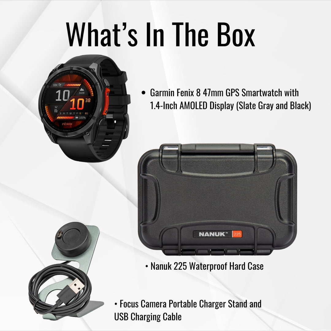 Garmin Fenix 8 47mm GPS Smartwatch (Slate Gray and Black) with Hard Case and Charger Stand Bundle