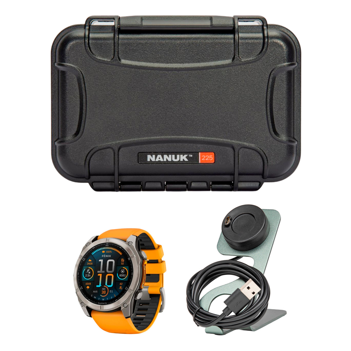 Garmin Fenix 8 Sapphire 51mm GPS Smartwatch (Spark Orange and Graphite) and Charger Stand Bundle