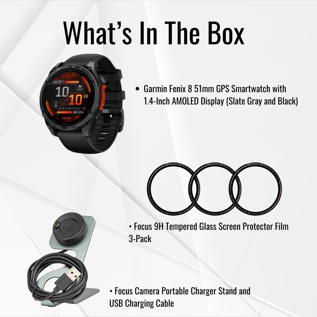 Garmin Fenix 8 51mm GPS Smartwatch with 1.4-Inch AMOLED Display (Slate Gray and Black) Bundle