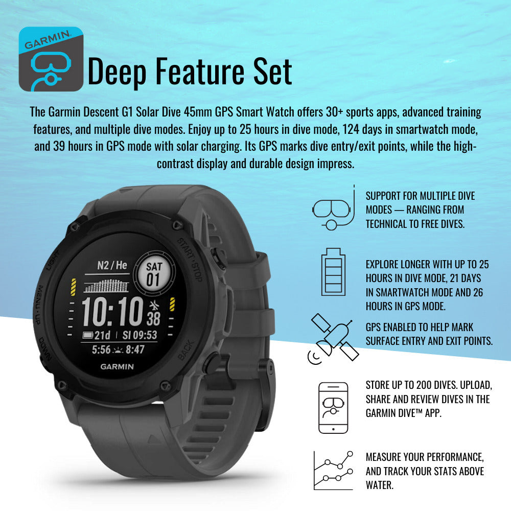 Garmin Descent G1 Dive 45mm GPS Smart Watch (Slate Gray) with Charger Stand and USB Cable Bundle