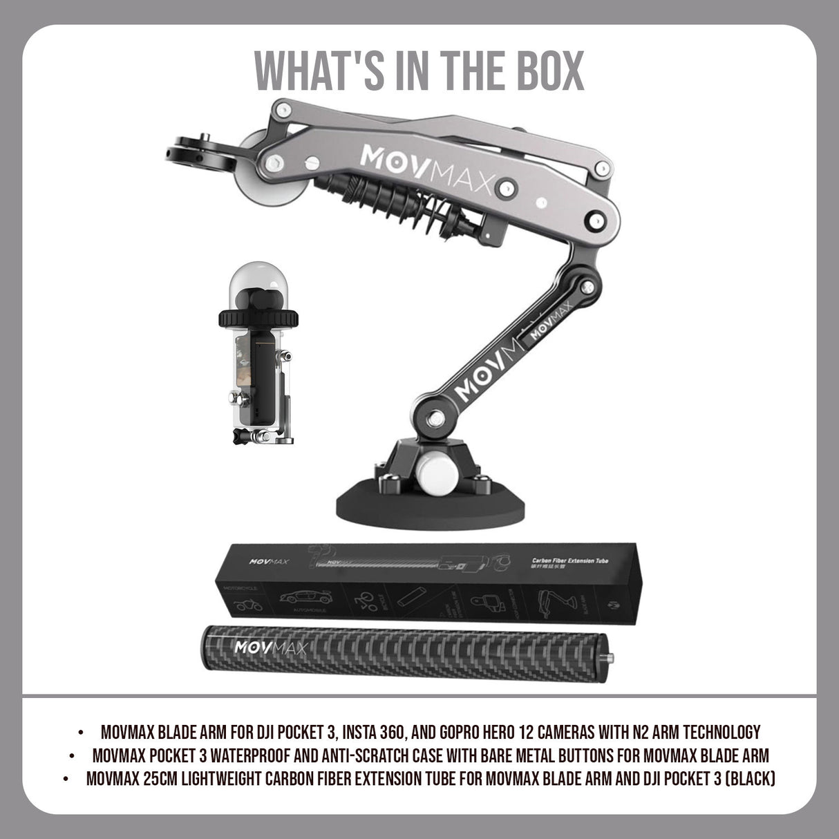 Movmax Blade Arm for DJI Pocket 3, Insta 360, and GoPro HERO 12 Cameras and Extension Tube Bundle