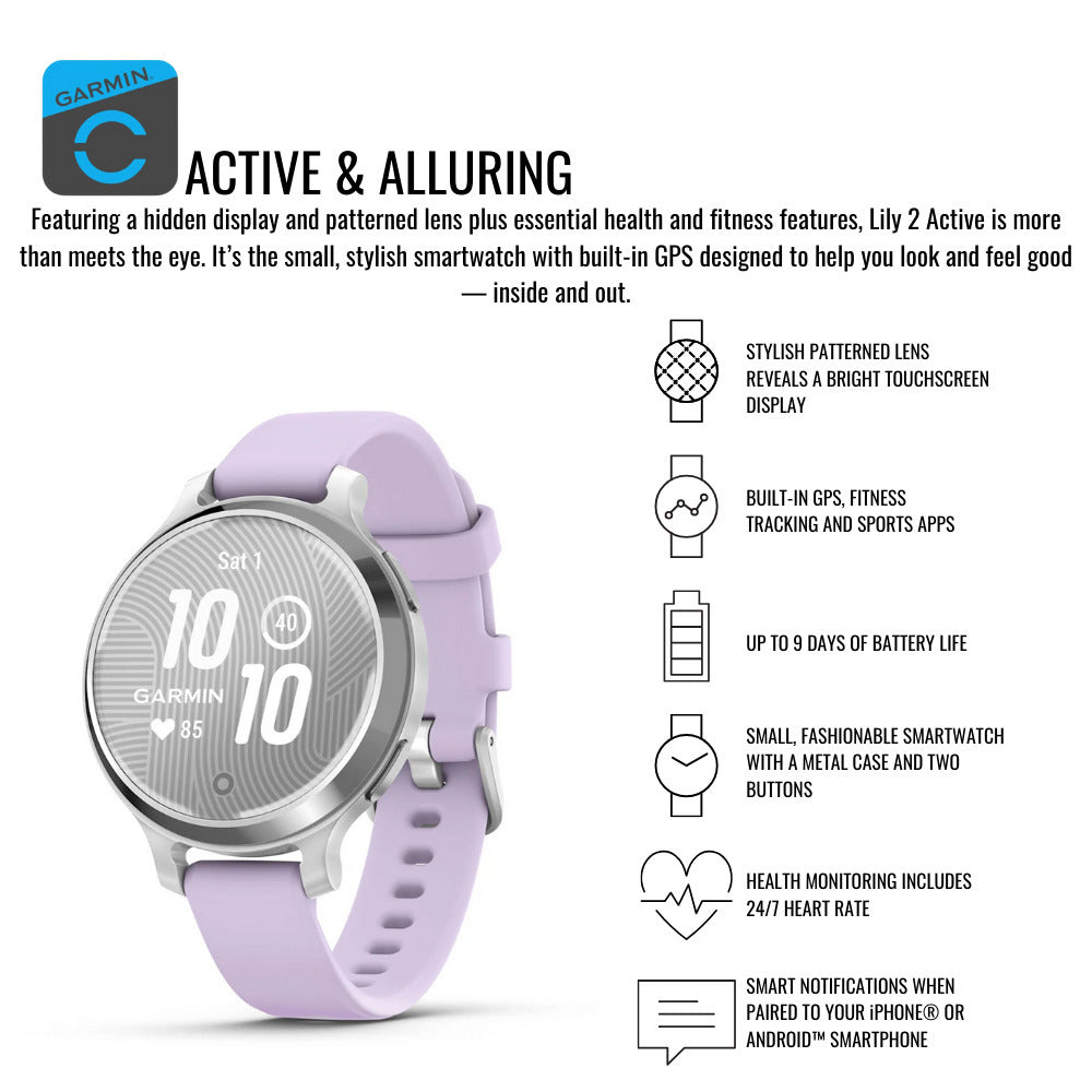 Garmin Lily 2 Active GPS Smartwatch (Silver and Purple Jasmine) with Charger Stand Bundle