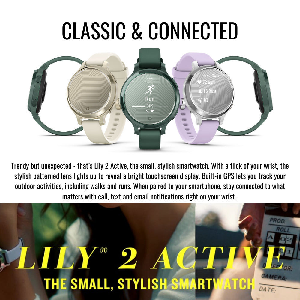 Garmin Lily 2 Active GPS Smartwatch (Silver and Purple Jasmine) with Charger Stand Bundle