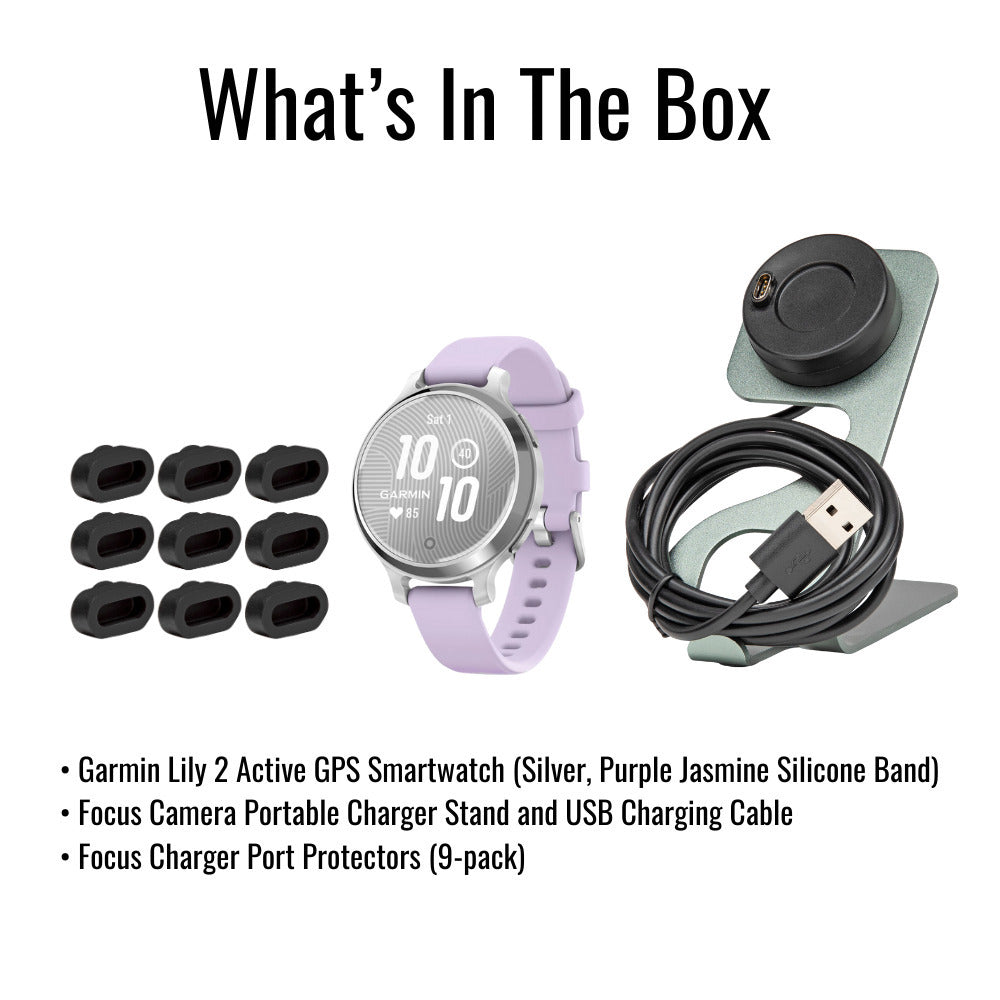 Garmin Lily 2 Active GPS Smartwatch (Silver and Purple Jasmine) with Charger Stand Bundle