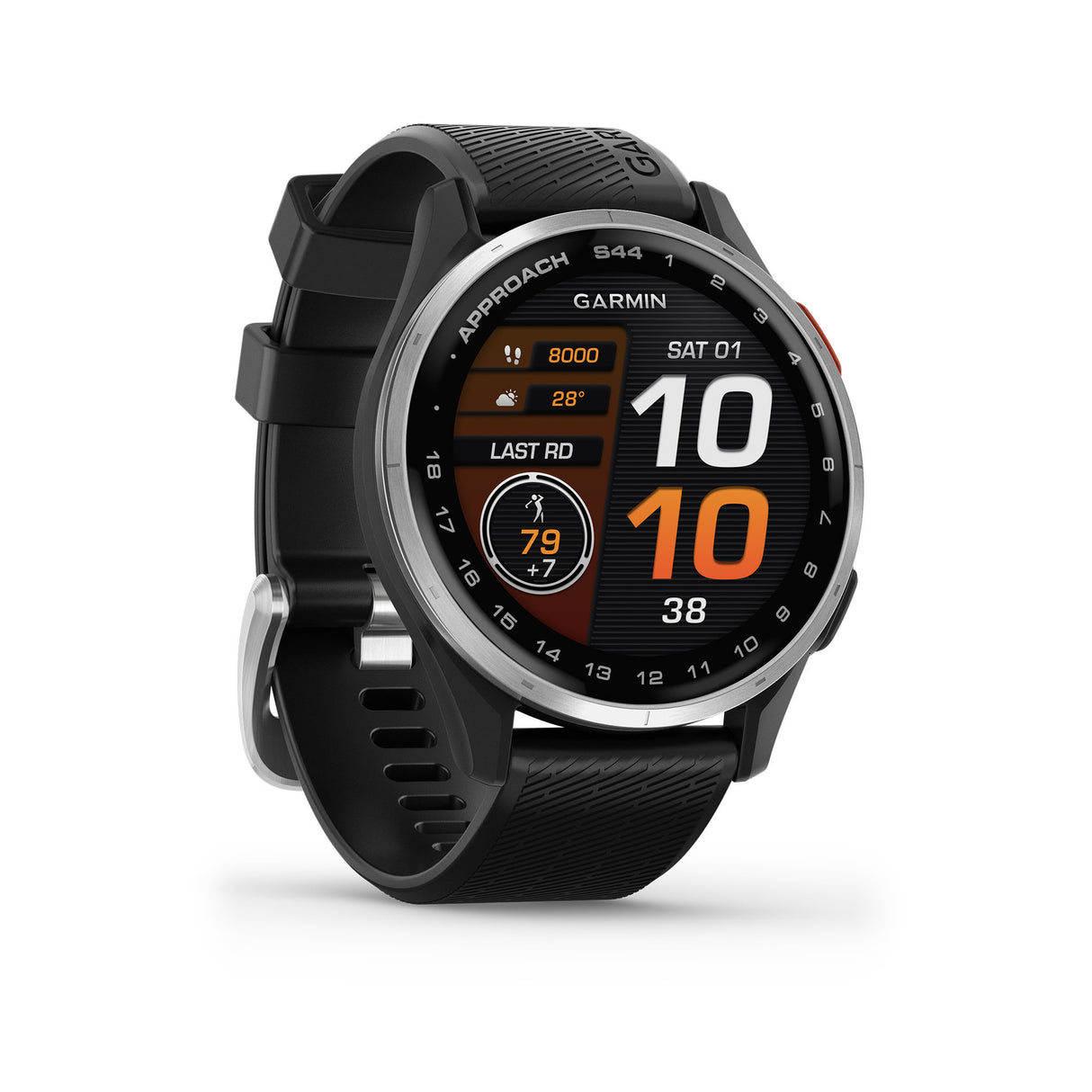 Garmin Approach S44 GPS AMOLED Golf Smartwatch (Silver Aluminum Bezel, Black Silicone Band)