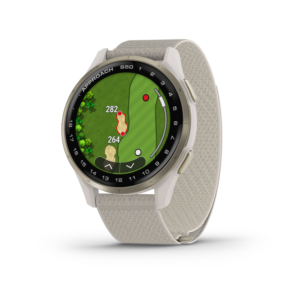 Garmin Approach S50 GPS Golf Smartwatch (Cream Gold Aluminum Bezel, Ivory ComfortFit Nylon Band)