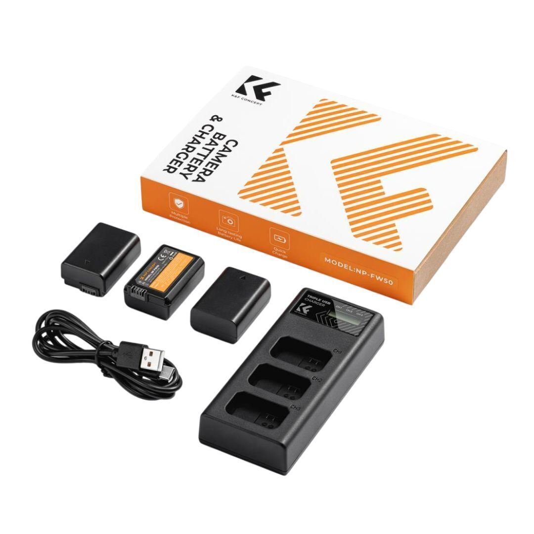 K&F Concept 1100mAh NP FW50 Replacement Batteries 3-Pack with 3-Slot LCD Charger for Sony Cameras