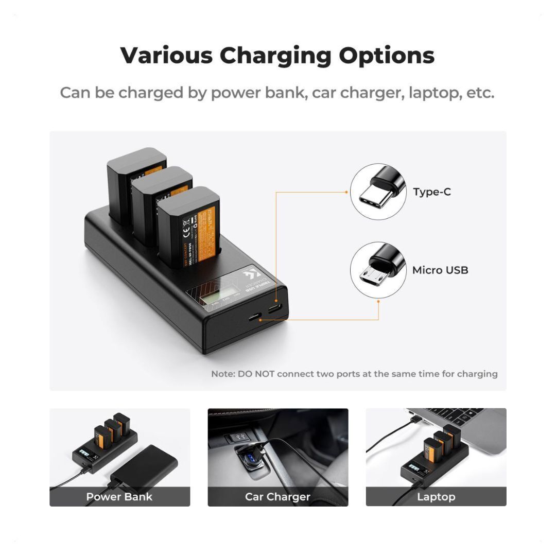 K&F Concept 1100mAh NP FW50 Replacement Batteries 3-Pack with 3-Slot LCD Charger for Sony Cameras