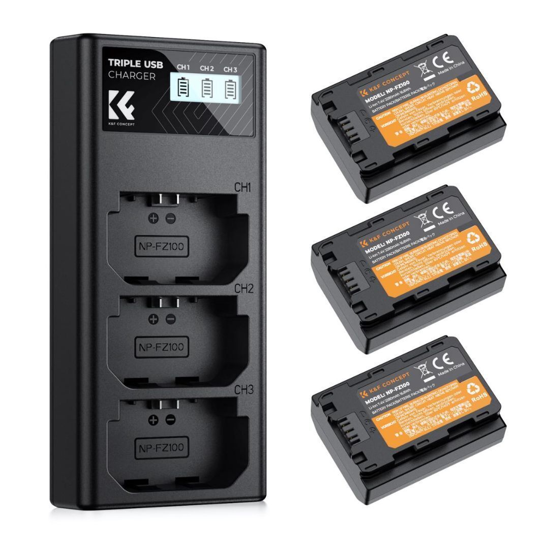 K&F Concept 2280mAh NP-FZ100 Li-Ion Replacement Battery 3-Pack and Three Slot LCD Charger for Sony