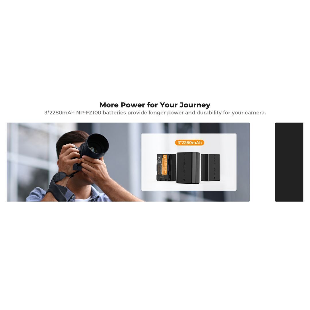 K&F Concept 2280mAh NP-FZ100 Li-Ion Replacement Battery 3-Pack and Three Slot LCD Charger for Sony