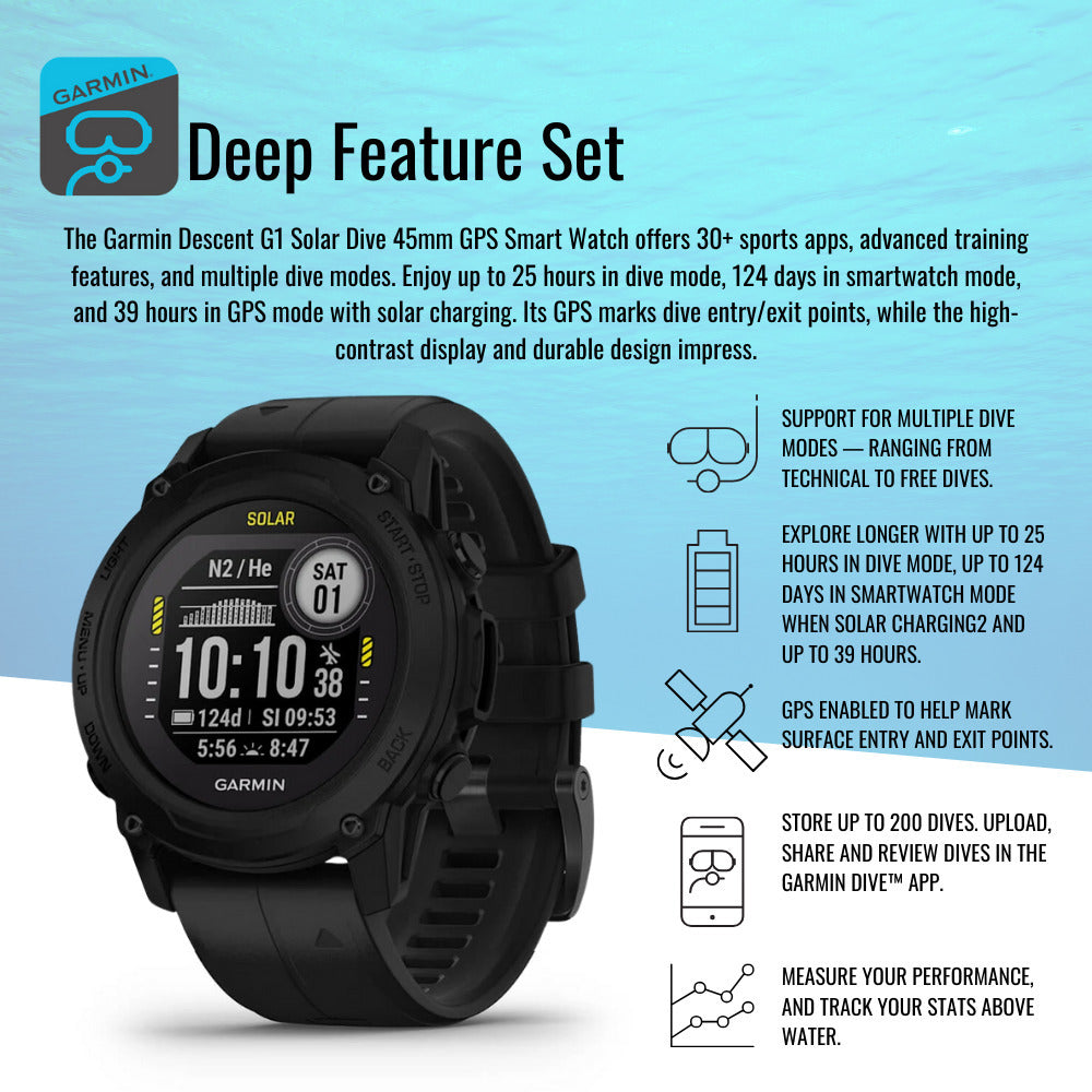 Garmin Descent G1 Solar Dive 45mm GPS Smartwatch (Black) with Focus Camera Charger Stand Bundle