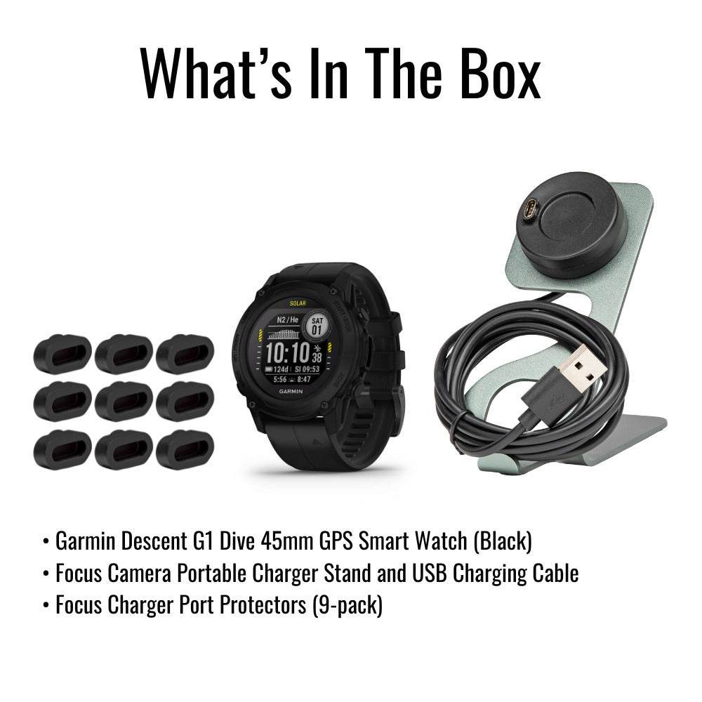 Garmin Descent G1 Solar Dive 45mm GPS Smartwatch (Black) with Focus Camera Charger Stand Bundle